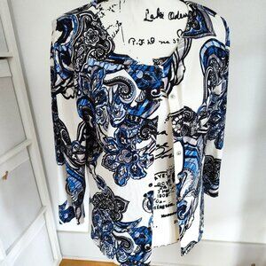 White House Black Market Black & Blue on White Paisley Cardigan LARGE- EUC